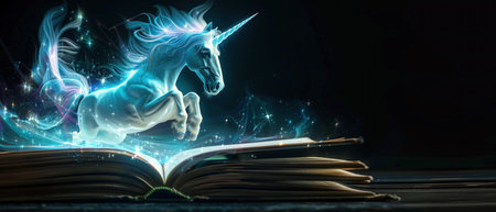 Mystical glowing blue unicorn rising from an open ancient book, ethereal light, soft focus, high contrastの素材