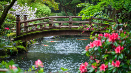 Tranquil Japanese garden bridge over a koi pond, surrounded by lush greenery and blooming flowers.の素材