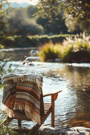 Wooden chair with a blanket by a tranquil river, warm sunlight, serene and inviting, rustic setting.の素材