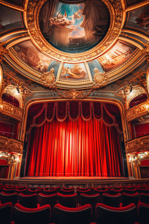 Ornate theater with red curtains and plush seating, centered focus, classical and luxurious.の素材