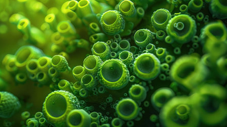Microscopic view of vibrant green algae, close-up, biofuel concept, scientific detail.の素材