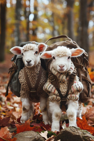 Twin lambs in traveler attire, equipped with backpacks and surrounded by autumn foliage, capturing a sense of adventure and companionship.の素材