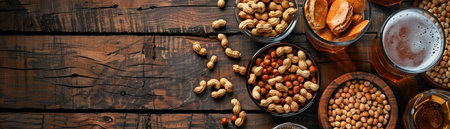 Traditional pub setting with a variety of beers on wood, peanuts and pretzels, warm rustic ambiance.の素材