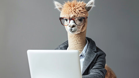 Alpaca dressed as a business professional using a laptop, adding humor and uniqueness to topics of remote work or creativity.の素材