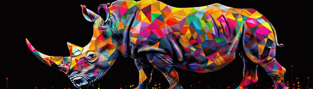 A vibrant, multi-colored rhino made of geometric patterns against a stark black background, perfect for artistic surrealism.の素材