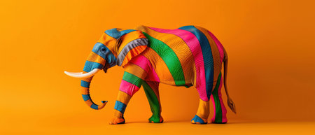 A vibrantly striped elephant in shades of neon against an orange backdrop, representing creativity and the wonder of nature.の素材