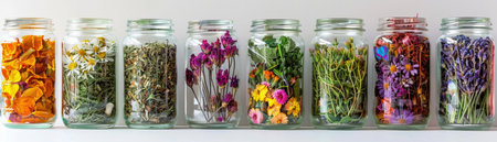 An Assorted glass jars filled with vibrant dried flowers, herbs, and fruits displayed against a clean white background.の素材