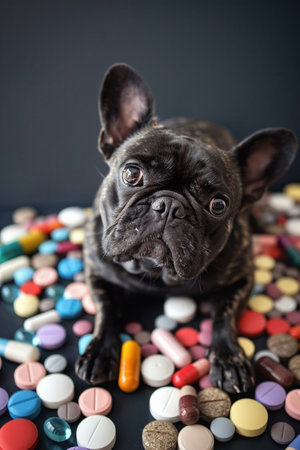 A concerned French bulldog surrounded by a variety of pills, illustrating the dangers of medication around pets.の素材