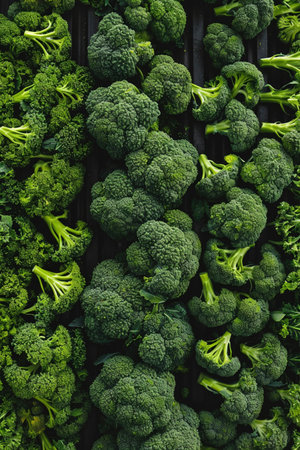 Conveyor belt of fresh broccoli, industrial farming meets modern processing techniques, a perspective from above.の素材