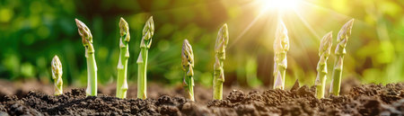 Close-up of asparagus sprouting through fertile soil under a vibrant sun, emphasizing growth and natural farming.の素材
