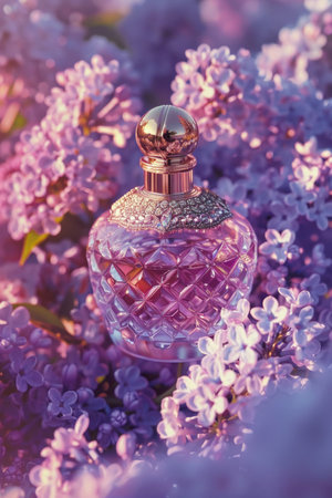 Elegant perfume bottle encircled by lilac blooms, soft focus, perfect for a spring fragrance ad.の素材