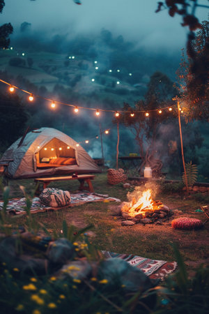 Cozy campsite at night, glowing bonfire, string lights overhead, inviting and tranquil.の素材