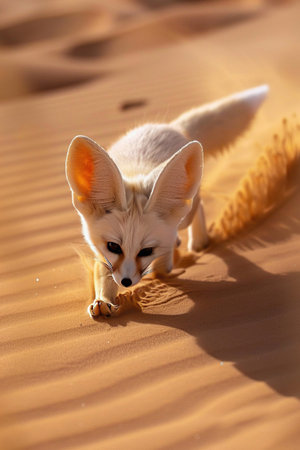 Fennec fox in motion on sandy desert dunes, early morning light, low angleの素材