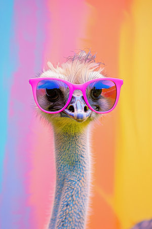 Ostrich with funky hair, wearing pink sunglasses, vibrant multicolor pastel background, cheerful summer vibes.の素材