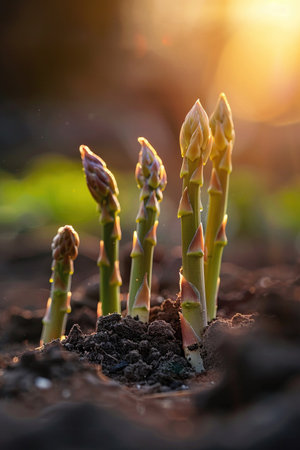 Young asparagus shoots emerging from the soil, backlit by sunrise, symbolizing new beginnings and sustainable farming.の素材