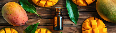 Mango essential oil with fresh mangoes on wooden background, top view, bright natural lighting.の素材