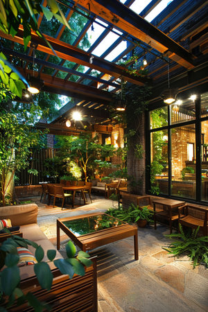 Lush patio garden with wood furnishings, twilight, warm ambient lighting, wide-angle lens.の素材