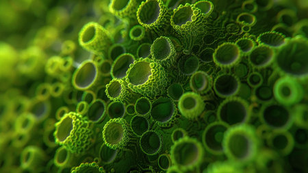 Microscopic view of vibrant green algae, close-up, biofuel concept, scientific detail.の素材