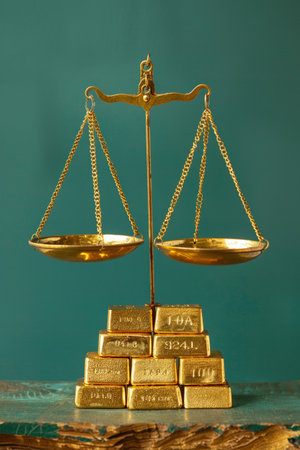 Scales balancing gold bars, symbolizing wealth and justice, set against a refined teal background.の素材