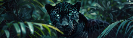 Black jaguar in lush jungle, intense gaze, low-angle shot, moody lighting, dense foliage, dramatic atmosphere, eye-level.の素材