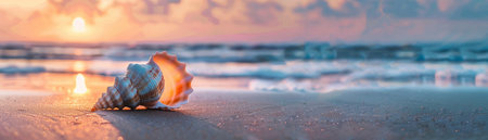 Seashell on a sandy beach at sunrise, soft lighting and a serene ocean backdrop, wide-angle shot for a peaceful and dreamy atmosphere.の素材