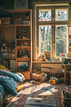 Child's bedroom filled with toys, warm morning light, cozy atmosphereの素材
