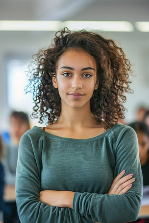 Confident young woman in a relaxed classroom, arms crossed, medium shot with bright, natural lighting for an inspiring and studious vibe.の素材