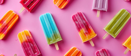 Array of colorful ice pops on a pink background, summer treats concept. Top view, vibrant and playful.の素材