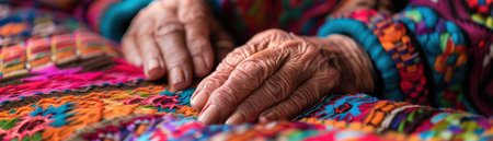 Elderly hands on colorful textile, rich detail, soft focus, close-up.の素材