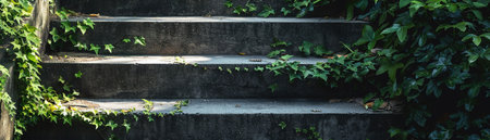 Concrete stairs overgrown with lush green foliage, symbolizing the intersection of man-made structures and nature.の素材