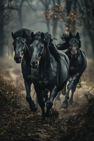 Black horses running, wide-angle shot, dramatic natural light, dynamic and powerful atmosphere.の素材