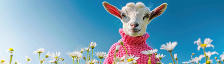 Baby goat in a bright pink sweater, frolicking in a field of daisies under a clear blue sky.の素材