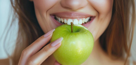 Radiant young woman biting a green apple, bright smile, clear skin. Close-up, fresh and healthy lifestyle theme.の素材