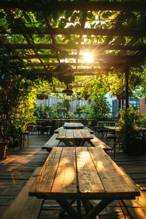 Rustic wooden table under a lush green canopy with sunlight streaming through, creating a peaceful outdoor setting. Wide-angle shot, golden hour.の素材