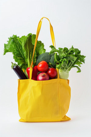 Reusable grocery bag filled with a vibrant mix of fresh vegetables, isolated on white. Bright colors, healthy lifestyle theme.の素材