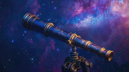 Vintage telescope against a starry night sky, vibrant galaxy colors, low angle shot.の素材