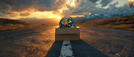 The Earth rises from a cardboard box on an open road, symbolizing new beginnings and global opportunities.の素材