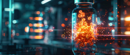 A glowing vial contains a fiery representation of a virus, indicating advanced biomedical research in a futuristic lab.の素材
