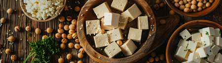 Assortment of tofu and soy products on a rustic table, top-down view, warmly lit for a healthy and vibrant culinary scene.の素材