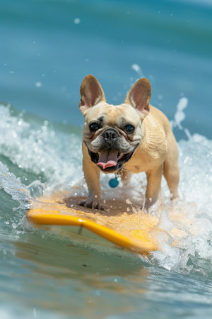 French bulldog surfing, action shot, brightly lit, playful and adventurous, showcasing fun and pet enthusiasm.の素材