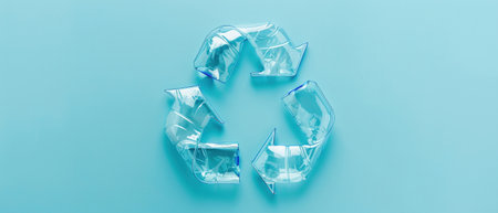 Creative plastic bottles shaped into a recycling symbol against a soft blue background, captured close-up for a minimalist, eco-friendly look.の素材