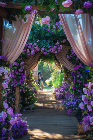 Enchanted garden pathway flanked by lush flower arches and billowing curtains, perfect for a fairy tale setting.の素材