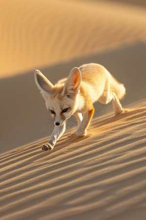 Fennec fox in motion on sandy desert dunes, early morning light, low angleの素材