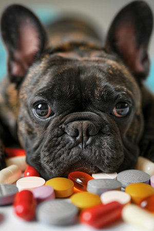 A concerned French bulldog surrounded by a variety of pills, illustrating the dangers of medication around pets.の素材