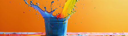 A bucket of vibrant paint splashing mid-air, creating a dynamic and colorful explosion, symbolizing creativity and the messy process of art.の素材