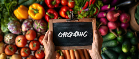 Hands holding a chalkboard with the word 'organic' in front of a vibrant display of fresh vegetables, symbolizing farm-to-table freshness.の素材