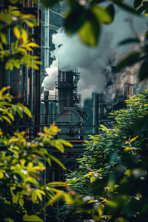 Industrial facility emitting steam, framed by vibrant green foliage, juxtaposing nature with technology.の素材