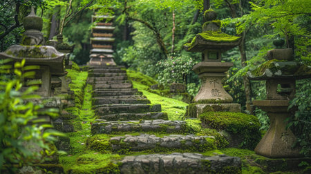 Traditional Japanese pagoda nestled in a lush green forest, moss-covered stones leading up, tranquil and serene.の素材