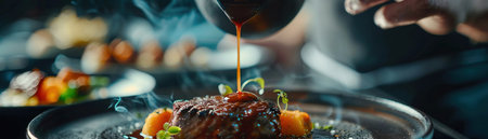 Gourmet dish in a restaurant, close-up shot, chef's hand pouring sauce, vibrant garnishing, fine dining, moody lighting.の素材