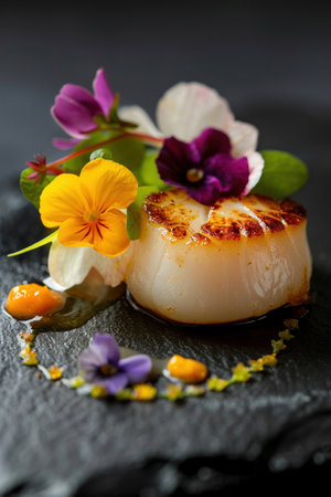 Gourmet presentation of seared scallop adorned with edible flowers, a culinary masterpiece in the making, high contrast lighting.の素材